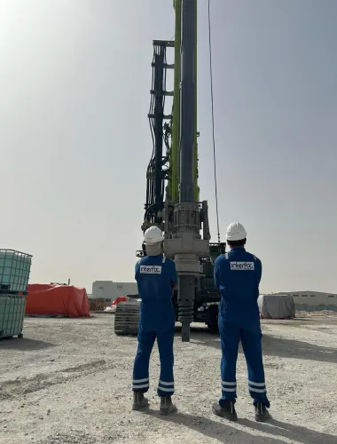 Close-up of an active CFA auger during pile drilling on an Interfix UAE site